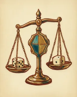 A brass balance scale with a die in each pan