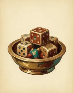 A brass bowl heaped with spare dice