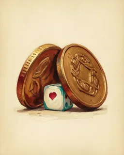Two large bronze coins leaning on a small die with a heart