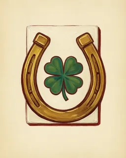 A brass horseshoe around a four-leaf clover