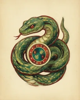 A green snake coiled around a casino chip