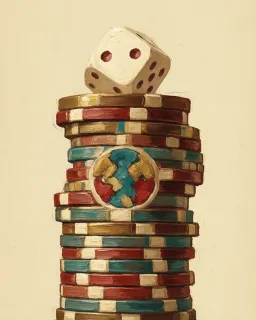 A tall stack of casino chips with a die balanced on top